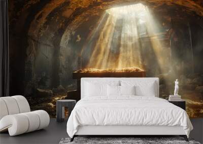 The image shows the empty tomb of Jesus Christ and crucifixions in the rays of the sun, representing the resurrection and hope of salvation. It is a powerful depiction of the Easter story. Wall mural