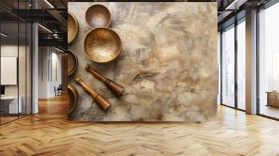 Top view of Tibetan singing bowls and stick on beige stone background, used for mantra meditations, sound healing, and relaxation. Wall mural