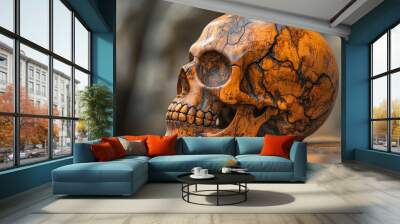 Wooden skull on rustic table, softly lit by warm natural light. Day of the Dead eco-friendly product ad. Wall mural