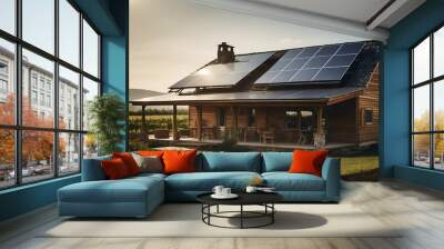 Energy efficient home with solar panels on the roof. Wall mural