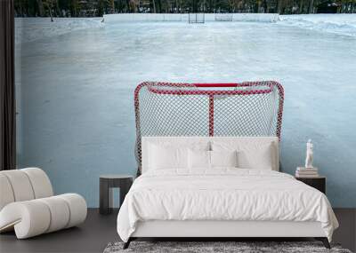 Red hockey net on outside ice rink Wall mural