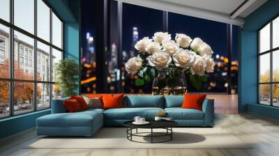 white roses decorative in a glass vase against the night on a wooden table, on a tall building overlooking the city view. Generative AI Wall mural