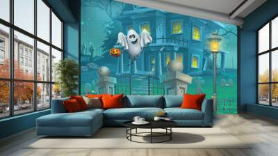 mysterious Halloween haunted house and fun ghost Wall mural