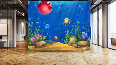 Vector cartoon background illustration of the underwater world Wall mural