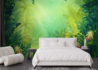 Vector cartoon illustration of background morning rainforest Wall mural