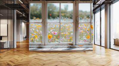 A big window overlooking a beautiful flower field or garden in the summer or spring Wall mural