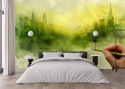 A hand drawing a watercolor green ecological futuristic beautiful urban city view illustration or a sketch Wall mural