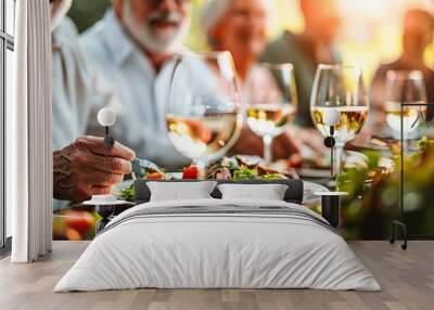 Close-up on a wine glasses with white wine on a table in a backyard or a restaurant while family and friends are having brunch or dinner in the back Wall mural