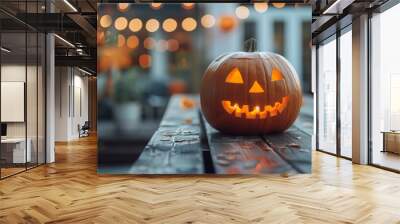 closeup on a halloween jack o lantern pumpkin sitting on a suburb backyard picnic table with candle  Wall mural