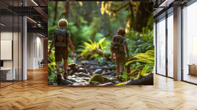 Portrait of a two brothers or young boys hiking together at summer or spring in nature Wall mural