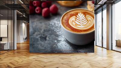 Top view on a cup of cappuccino with a foam leaf design and pastries and raspberries in the background with space for text Wall mural