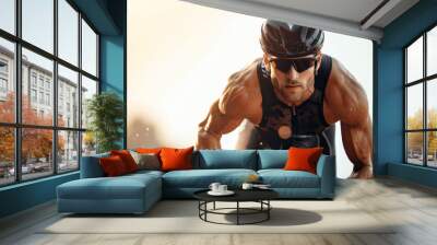 A focused triathlete transitions from cycling to running in a race, showcasing determination and athletic prowess. Wall mural