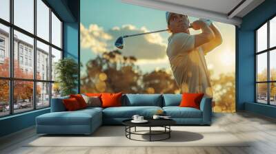 A male golfer in mid-swing with a driver against a sunset backdrop on a golf course. Wall mural