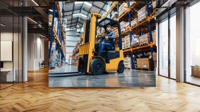 A man is operating a yellow forklift in a busy warehouse with tall racks filled with boxes and goods. The setting is organized and well-lit, reflecting a robust logistics operation. Wall mural