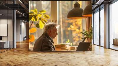 An elderly man is working on a laptop at a wooden desk, surrounded by potted plants and warm natural lighting coming through large windows. Wall mural