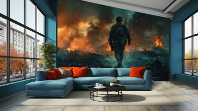 infantryman walking through a fiery battlefield, smoke and explosions in background, cinematic atmos Wall mural