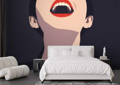 Stylized illustration of a woman with open mouth and lifted chin on a dark background. Wall mural