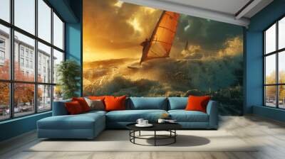 Windsurfer carving through waves at sunset, sun reflecting on ocean in a wide-angle cinematic shot. Wall mural