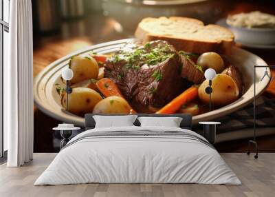 Plate of braised beef with potatoes, carrots, gravy and bread Wall mural