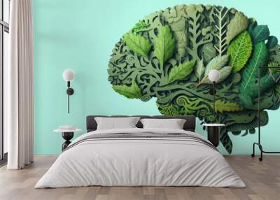 Human brain made of green plants, Generative AI Wall mural