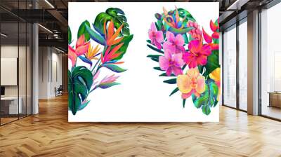 Set of neon colored heart shaped tropical flowers bouquets Wall mural