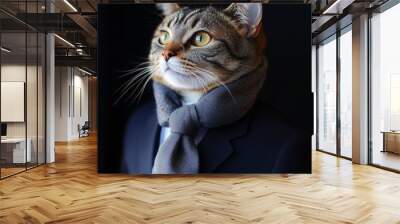 A cat in a business suit on a dark background Wall mural