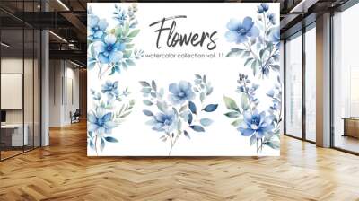 Set of blue watercolor floral elements. Hand drawn flowers and leaves isolated on white background. Wall mural