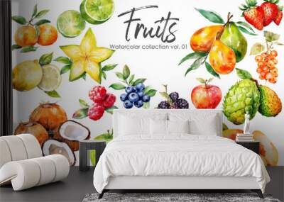 Watercolor fruits collection. Hand drawn vector fresh food elements isolated on white background Wall mural