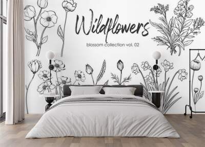 Wildflowers line art vector illustration set isolated on white. Flower black ink sketch. Modern minimalist hand drawn design. Wall mural