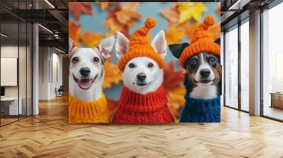 Group of dogs in costumes, playful Thanksgiving scene, fall leaves background Wall mural