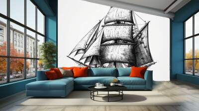 Antique ship. Ship sailing yacht boat antique, vintage, black ink hand drawing. Vector illustration. Generative AI Wall mural