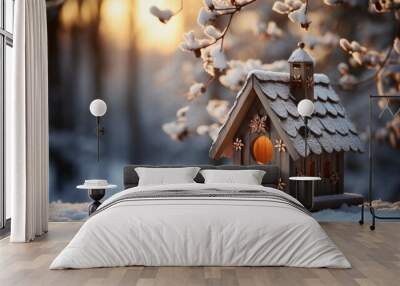 Bird house in winter. A snow covered bird house in winter forest. Winter background Wall mural