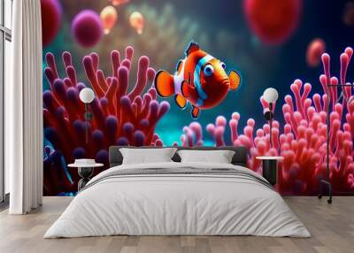 Coral reef in South Pacific off the coast of the island. Colorful Clownfish hiding in their host anemone on a tropical coral reef. Generative AI Wall mural