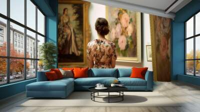 Young woman looks at paintings in a museum. Stylish woman at art gallery Wall mural