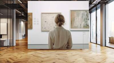 Young woman looks at paintings in a museum. Woman at art gallery Wall mural