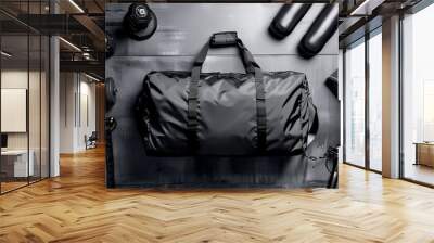 A gym bag placed on top of a gym floor, surrounded by exercise equipment and workout mats Wall mural