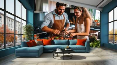 A man and a woman preparing food in a kitchen created with Generative AI technology Wall mural