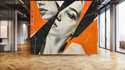 A painting showing two women with one side of their faces broken into pieces, creating a surreal and intriguing visual concept. Wall mural