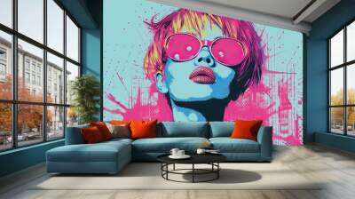 A woman confidently wears pink sunglasses amidst the modern and contemporary urban graffiti. Wall mural