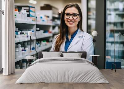 A woman in a lab coat standing in front of a pharmacy shelf Wall mural