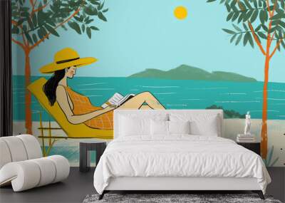 A woman sits on a beach chair, engrossed in reading a book under the summer sun during her vacation at the beach Wall mural