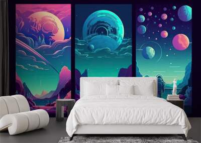 Space, cosmonaut and galaxy vector illustration for poster, banner or background. Abstract drawings of the future, science fiction and astronomy Wall mural