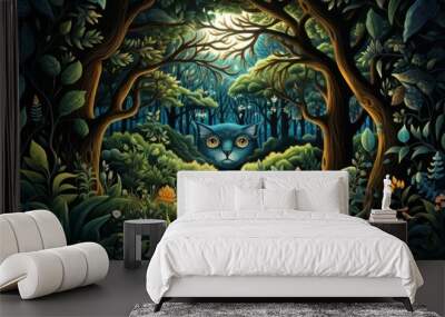 A detailed illustration of an enchanted forest, magical creatures peeking from behind trees and underbrush in this fantasy background Wall mural