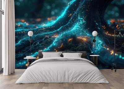 A glowing blue tree root system. The roots are made of tiny glowing blue lights. Wall mural