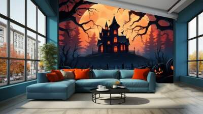 A haunted house with a full moon overhead, bats flying across the glowing orb in this spooky illustration Wall mural