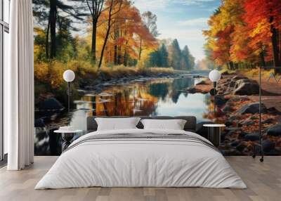 A tranquil illustration of a reflective pond surrounded by colorful autumn trees Wall mural