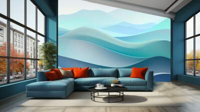 An abstract landscape of undulating hills in gradient hues of green and blue illustration Wall mural