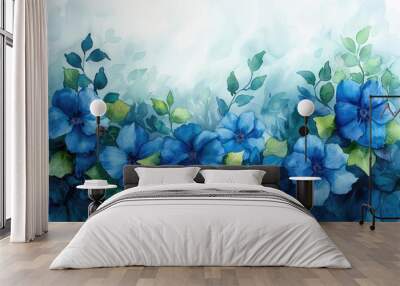 An arrangement of morning glories painted in watercolors with a wet on wet technique Wall mural