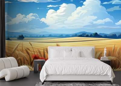 An oldfashioned windmill standing tall in a field of barley, the blades spinning in the wind in this traditional illustration Wall mural