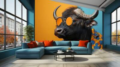 Image of stylish Buffalo in trendy sunglasses and outfit looking at camera against two colored background, Copyspace Wall mural